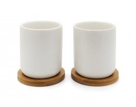 BREDEMEIJER Сет от 2 бр. керамични чаши за чай с бамбукови подложки “Umea“ - бели - 200 мл. 
