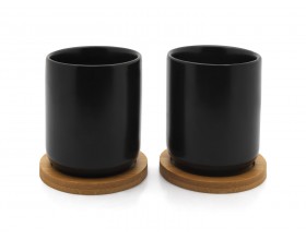 BREDEMEIJER Сет от 2 бр. керамични чаши за чай с бамбукови подложки “Umea“ - черни - 200 мл.
