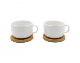 BREDEMEIJER Сет от 2 керамични чаши за чай с бамбукови подложки “Umea“ - бели - 250 мл.
