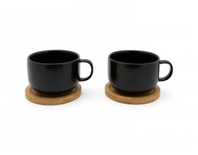 BREDEMEIJER Сет от 2 керамични чаши за чай с бамбукови подложки “Umea“ - черни - 250 мл. 