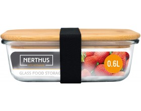 Nerthus Стъклена кутия за храна с херметическо затваряне и бамбуков капак - 600 мл.