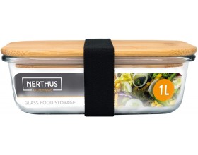 Nerthus Стъклена кутия за храна с херметическо затваряне и бамбуков капак - 1 л.