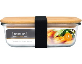 Nerthus Стъклена кутия за храна с херметическо затваряне и бамбуков капак - 1,5 л.