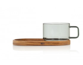 AdHoc Стъклена чаша 300 мл. с подложка - Impact - сиво стъкло/акация