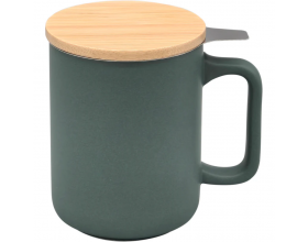 Nerthus Керамична чаша за чай със стоманен филтър и бамбуков капак - 375 мл  - зелена