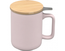Nerthus Керамична чаша за чай със стоманен филтър и бамбуков капак - 375 мл - розова