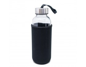 Nerthus Стъклена бутилка с неопренов протектор - 400 мл. - цвят черен