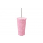 MAKU Термочаша със сламка и диамантен ефект “Deal“ - розова - 540 мл.